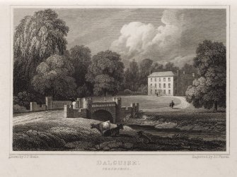 Engraving of Dalguise House in its grounds with driveway bridge in foreground.
Titled: 'Dalguise, Perthshire. Drawn by J.P.Neale. Engraved by J.C.Varral. London Published April 1st 1822 by J. P. Neal, 16 Bennet St., Blackfriars Road & Sherwood, Neely & Jones, Paternoster Row.'