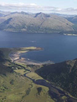 General oblique aerial view of Sallachan with Loch nan Gabhar in the foreground and Loch Linnhe beyond, looking ESE.
