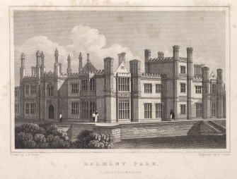 Engraving of Dalmeny House.
Titled: 'Dalmeny Park, Linlithgowshire. Drawn by J. P. Neale. Engraved by A. Cruse. Jones & Co., Temple of the Muses, Finsbury Square, London.'