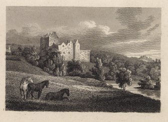 Engraving of Doune Castle above the river.
Titled: 'Doune Castle, Perth.'