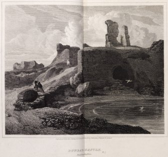 Engraving of Dunbar Castle ruins.
Titled 'Dunbar Castle, Haddingtonshire. Engraved by J. Greig from a painting by G. Arnold, ARA for the Border Antiquities of England & Scotland. Pl.2. London, published May 1st 1815 for the Proprietors by Longman & Co., Paternoster Row.'