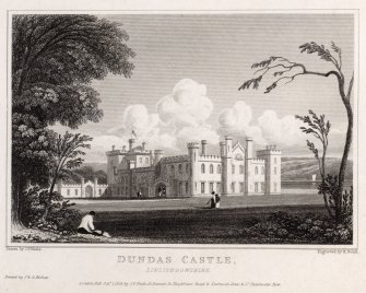 Engraving of Dundas Castle set in lawns.
Titled: ' Dundas Castle, Linlithgowshire.Drawn by J.P. Neale. Engraved by H. Bond. Printed by J & G Bishop. London pub. Oct.1st 1825 by J.P.Neale, 16 Bennet Street, Blackfriars Road, & Sherwood Jones & Co., Paternoster Row.'