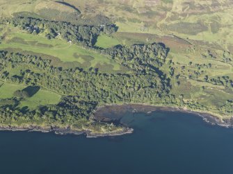 Oblique aerial view of the fort, tower house and fish trap at Caisteal nan Con, looking ENE.