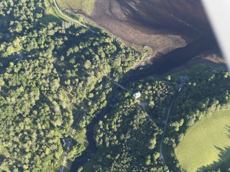 Oblique aerial view of Kinlochaline Castle and The Ivy Bridge, looking SE.