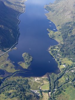 General oblique aerial view of Loch Shiel with the Glenfinnan Monument in the foreground, looking to the SW.