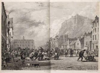 Edinburgh, engraving showing trading in the Grassmarket, buildings on north & west sides of square & Edinburgh Castle above.
Titled 'The Castle from the Grassmarket. Drawn by A.W. Calcott, R.A. Engraved by H. Le Keux, the figures etched by G. Cooke, London, published Nov. 1st 1820 by Rothwell & Martin, New Bond Street.'
