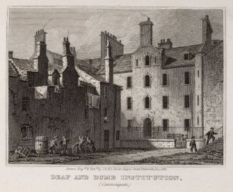 Engraving showing Chessel's Court, Edinburgh from North West
Titled: 'Deaf and Dumb Institution (Canongate)'.
Inscribed: 'Drawn Engd. & Pubd. by J. & H.S. Storer, Chapel Street, Pentonville, Dec, 1, 1819'.
