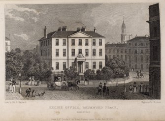 Engraving of Bellevue House, see RAB 292/108 New Custom House.
Titled, 'Excise Office, Drummond Place, Edinburgh. Drawn by Tho. H. Shapherd. Engraved by R. Acon. Jones & Co. Temple of the Muses, Finsbury Square. London, Nov. 28, 1829.