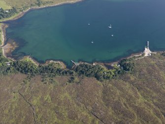 Oblique aerial view of Loch Scresort and Kinloch pier, Rum, looking NNE.