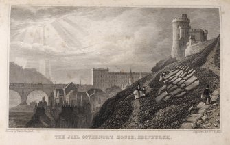 Edinburgh, engraving from the east of Jail Governor's House on right, part of the North Bridge on left and adjacent buildings.
Titled 'The Jail Governor's House, Edinburgh. Drawn by Tho. H. Shepherd. Engraved by W. Wallis.'