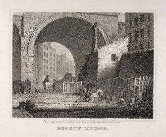 Edinburgh, engraving of Regent Bridge seen from below, with figures.
Titled: 'Regent Bridge. Drawn, Engd. and pubd. by J. and H.S. Storer, Chapel Street, Pentonville, Dec 1, 1818.'
