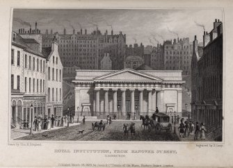 Edinburgh, engraving of Royal Scottish Academy seen from Hanover Street, with High Street in distance beyond.
Titled: 'Royal Institution from Hanover Street, Edinburgh. Drawn bytho. H. shepherd. Engraved by S. Lacy. Pubd. March 28, 1829 by Jones & Co. Temple of the Muses, Finsbury Square, London.'
