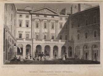 Edinburgh City Chambers, engraving of Royal Exchange showing main Front & side wings & entrance to Royal Exchange Coffee House in Courtyard.
Titled 'Royal Exchange, High Street, Edinburgh. Drawn by Tho. H. Shepherd. Engraved by W. Watkins.'