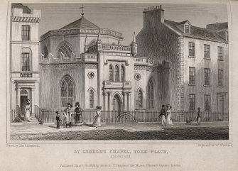 Edinburgh, engraving of St George's Chapel.
Titled 'St. George's Chapel, York Place, Edinburgh.Drawn by Tho. H. Shepherd. Engraved by W. Watkins. Published March 28, 1829 by Jones & Co., Temple of the Muses,Finsbury Square, London.'