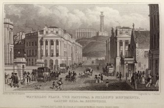 Edinburgh, engraving showing Waterloo Place, National and Nelson Monuments and Calton Hill.
Titled Waterloo Place, the National and Nelson Monuments, Calton Hill &c Edinburgh. Drawn by Tho. H. shepherd. Engraved by T. Barber. Published Jan.1 1829 by Jones & Cop. Tample of the Muses, Finsbury Square, London.'