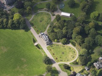 Oblique aerial view of the pavilion taken from the WNW.