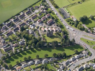 Oblique aerial view of Claypotts Castle taken from the E.