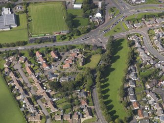 Oblique aerial view of Claypotts Castle taken from the S.