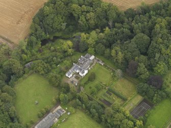 General oblique aerial view of the Grange of Gagie centred on the house taken from the SW.