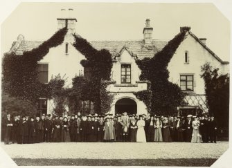 View of main elevation of Abernethy Manse with a crowd gathered in front.  
Manse stationary; 'Manse of Abernethy  Nethy Bridge'  Signatures; Florence J Pollock, W Forsyth, ? Barbara Forsyth and William Forsyth with cutting below; 'Minister of Ardesier, 1846-1863; Dornoch, 1853-1863; Abernethy, 1863-1906.' and cutting; 'Diamond Jubilee, 15th October 1906.'