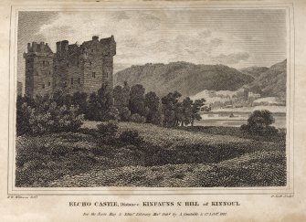 Engraving of Elcho Castle on hill with Kinfauns Castle in distance.
Titled: 'Elcho castle, distance Kinfauns and Hill of Kinnoul, for the Scots. Mag & Edinr Literary Misy Pubd by A. Constable & Co. 1 Octr 1812. H. W. Williams delt. R. Scott sculpt.'