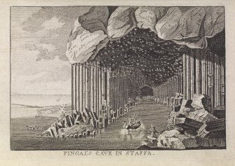 Engraving of Fingal's Cave showing entrance & interior.
Titled: 'Fingal's Cave in Staffa.'