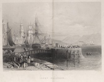 Engraving of Port Glasgow with sailing ships & stone quay in foreground, & Town Buildings in background.
Titled 'Port Glasgow. W.H.Bartlett. J.W.Appleton