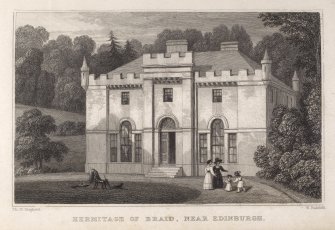 Edinburgh, engraving of Hermitage of Braid,  front view.
Titled: 'Hermitage of Braid, Near Edinburgh. Tho. H. Shepherd. W. Radcliffe.