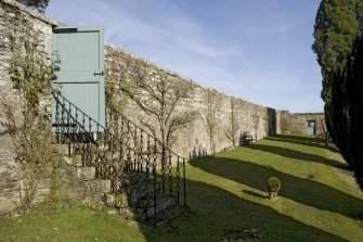 Walled garden, upper terrace, gate and steps, oblique view from W