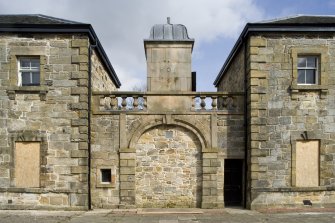 Detail of blocked archway and cupola between the two pavilions at Cumbernauld House, Cumbernauld. Photograph taken from the South-West.