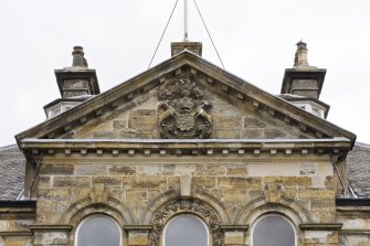 Detail of the central pediment to the South-West (principle) elevation of Cumbernauld House, Cumbernauld.