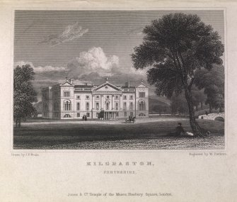 Engraving of Kilgraston House - front view from lawns.
Titled 'Kilgraston, Perthshire. Jones & Co. Temple of the Muses, Finsbury Square, London. Drawn by J.P.Neale. Engraved by W. Faithorn.'