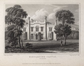 Engraving of Kincardine Castle showing main facade from the lawn.
Titled 'Kincardine Castle, Perthshire. London. Pub. March 1 1820 by J.P.Neale, 16 Bennett St., Blackfriars Road, and Sherwood, Neely & Jones, Paternoster Row. Drawn by J.P.Neale. Engraved by F. Hay.'