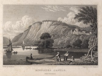 Engraving of Kinfauns Castle seen from river below, showing men hauling fishing nets.
titled 'Kinfauns Castle, Perthshire. Drawn by J.P.Neale. Engraved by T.H. Shepherd.'