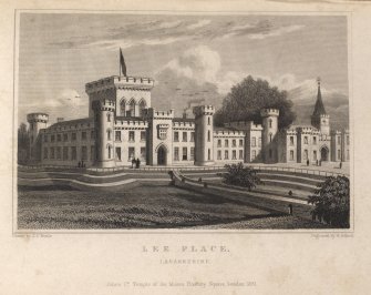 Engraving of The Lee - general view.
Titled 'Lee Place, Lanarkshire. Jones & Co. Temple of the Muses, Finsbury Square, London 1831. Drawn by J.P.Neale. Engraved by H. Adlard.'