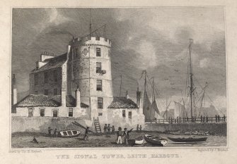 Leith, engraving of Signal Tower& adjoining buildings from the east  showing harbour.
Titled 'The Signal Tower, Leith Harbour. Drawn by Tho. H. Shepherd. Engraved by J. Henshall.'
