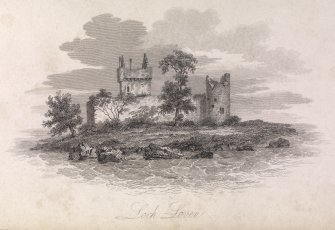 Engraving of Lochleven Castle.
Titled 'Loch Leven.'