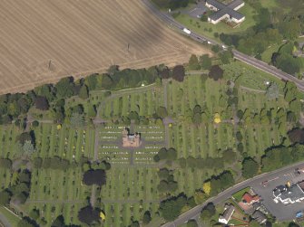 General oblique aerial view of the Western Cemetery, centred on the mortuary chapel taken from the S.