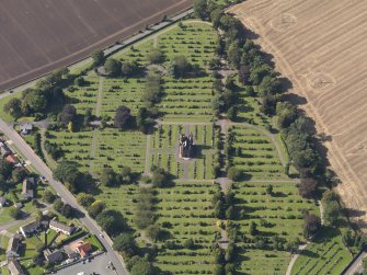 General oblique aerial view of the Western Cemetery, centred on the mortuary chapel, taken from the ENE.