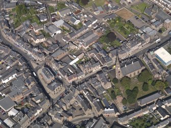 General oblique aerial view of the High Street area of Forfar, centred on Municipal Buildings, taken from the S.