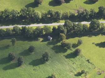 Oblique aerial view of dovecot, Glamis Castle, taken from the WNW.