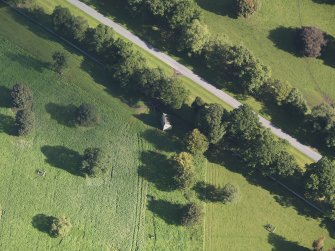 Oblique aerial view of dovecot, Glamis Castle, taken from the WSW.