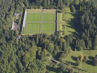 Oblique aerial view of the walled garden, Glamis Castle, taken from the WSW.