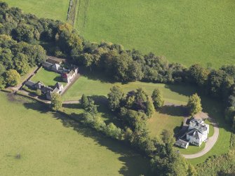 General oblique aerial view of the Downie Park House estate, centred on Downie Park House and stables and farmsteading taken from the WSW.