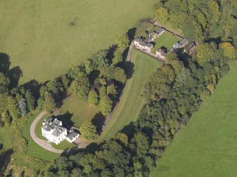 General oblique aerial view of the Downie Park House estate, centred on Downie Park House and stables and farmsteading taken from the SSE.