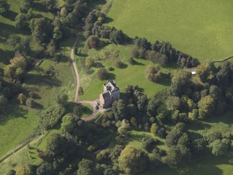 Oblique aerial view of Inverqharity Castle taken from the ENE.
