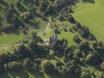 Oblique aerial view of Inverqharity Castle taken from the NE.