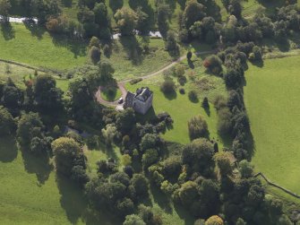 Oblique aerial view of Inverqharity Castle taken from the N.