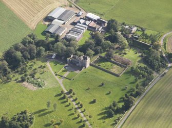 General oblique aerial view of Melgund Castle estate, centred on  Melgund Castle, taken from the WNW.