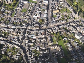 General oblique aerial view of the centre of Brechin, centred on the High Street, taken from the SSE.